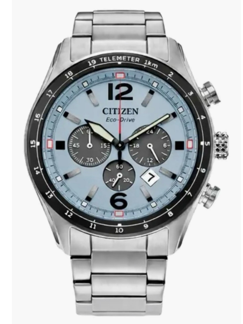 Citizen Eco-Drive Men's Silver Stainless Steel Watch with Light Sky Blue Dial